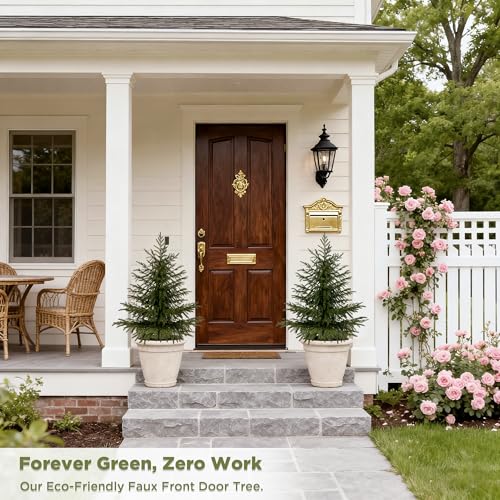 3FT Artificial Cedar Trees 2-Pack, Real Touch Faux Cedar Topiary Set in Black Pots, Indoor Outdoor Fake Evergreen Plants for Tabletop, Desk, Shelf Decor - color: 2, size: 3ft