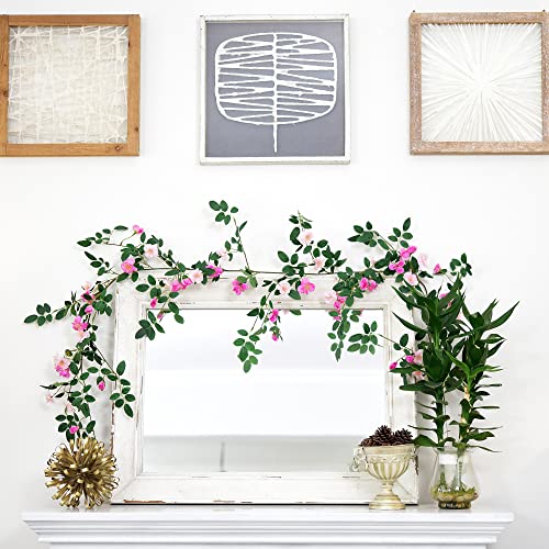 FiveSeasonStuff Fuchsia Pink Wild Rose Vine Garland, Two Faux Silk Floral Garlands with Greenery, Bendable Decorative Vines 12 ft Total - color: Fuchsia Pink