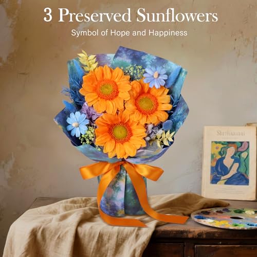 Forever Flowers for Delivery - Preserved Sunflowers Bouquet, Green Sunflowers that Last 3 Years, Eternal Flowers Bouquet, for Mom Grandma Wife, Anniversary Birthday Gifts for Women - color: Sunflower Blue