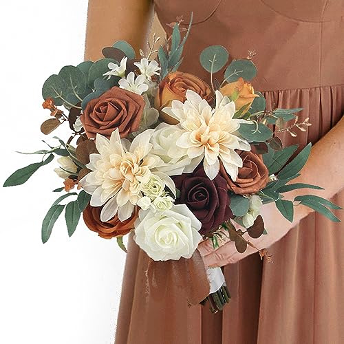 Rinlong Burnt Orange Bridesmaid Bouquet, Fall Wedding Bouquets, Terracotta - color: 15-burnt Orange & Champagne