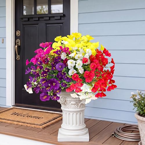 Artificial Flowers for Outdoors 12 Bundles Realistic Faux Plants UV Resistant Fake Silk Morning Glory with Eucalyptus for Front Door Planter Patio Porch Spring Summer Decoration (6 Mixed Color) - color: Mixed 6 Color