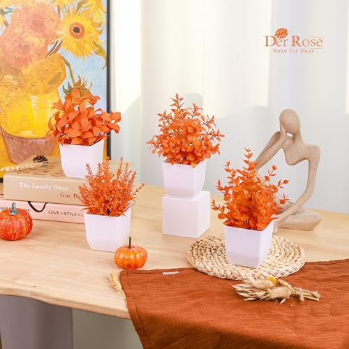 Der Rose 4 Pack Fall Fake Plants Mini Artificial Greenery Potted Plants Fall Decorations for Home Decor Indoor Office Table Room Farmhouse Bathroom Fall Decor - color: Orange