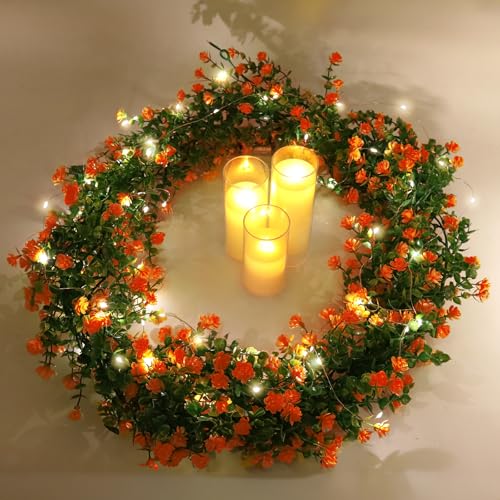 RECUTMS Faux Spring Eucalyptus Garland Artificial Hanging Vines Wedding Greenery Garland with Lights Faux Plants Indoor Flower Vine for Wall Fireplace Table Porch Door Decoration(Orange) - color: Orange With Lights