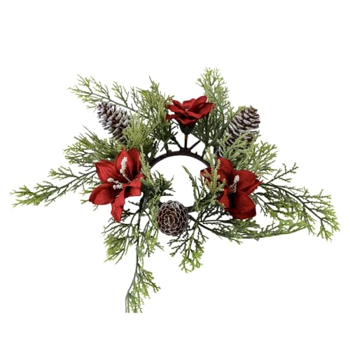 Christmas Candle Rings Xmas Small Wreath for Pillars Artificial Red Flowers Pine Cone Candle Rings 9.8” Rustic Gift Farmhouse Table Centerpiece Home Winter Decor