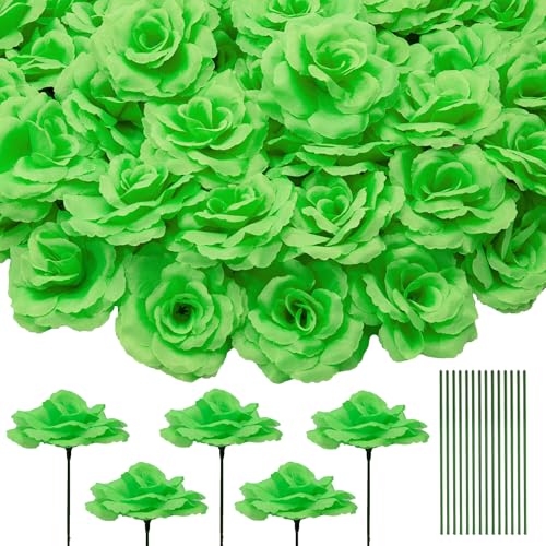 50 Pcs Rose Flower Head, Artificial Flowers Bulk for DIY Crafts, 3in Fake Rose Silk Flower Head wit Stem, Faux Flowers for Decoration, Wedding Home Party Decor Garland Decor (50, Grass Green) - color: Grass Green