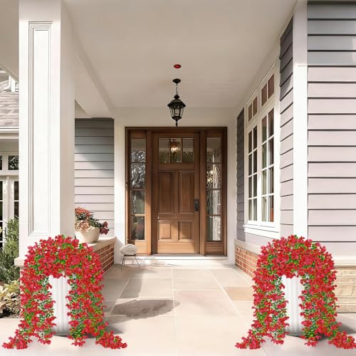 Betylifoy 2Pcs Artificial Hanging Flowers for Outdoors Fake Hanging Plants Summer Decor UV Resistant Faux Silk Violet Flowers Greenery Trailing Vines for Indoor Outside Garden Porch Decor (Red) - color: Red