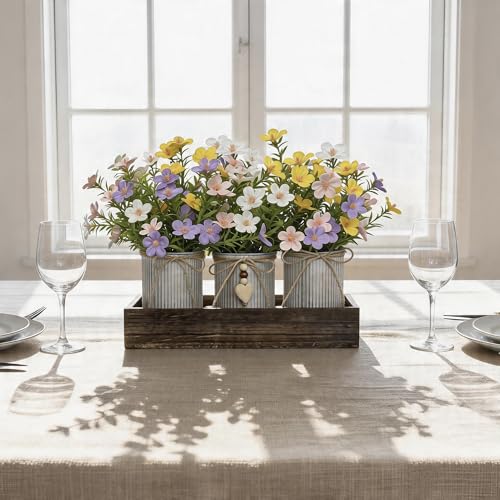 Rustic Artificial Baby's Breath Centerpiece — 3-Metal-Pot Farmhouse Table Decor on Wooden Tray, Faux Gypsophila Bouquet for Home, Kitchen, Dining Table, Living Room & Gift - color: Gypsophila Flowers