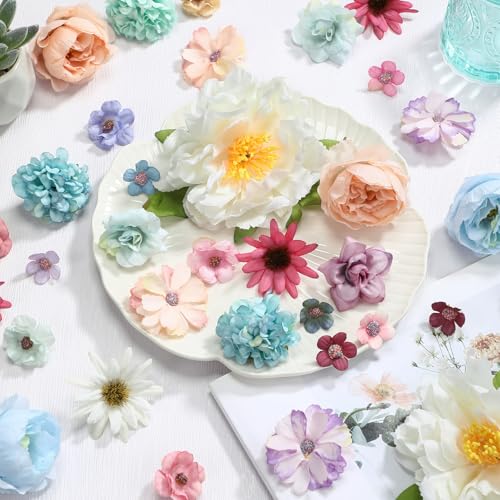Thiccywoov 250 Pcs Artificial Flowers Heads Bulk Mini Silk Mix Flowers Fake Peony Daisy Rose Multicolor for Blossom Wreath Bouquets Wedding Home Decorations Party Craft Garland DIY(Multicolor) - color: Multi Color