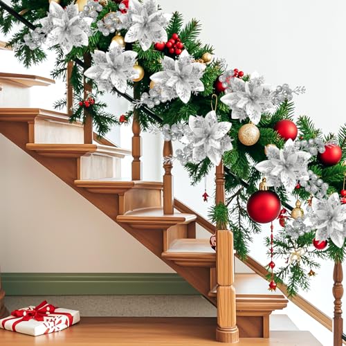 trytuny 50pcs Glitter Poinsettia Christmas Ornaments, Artificial Flowers with Clips Stems for DIY Wreath Making, Holiday Home Party Decorations, Indoor Use (Sliver) - color: Sliver