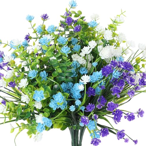 WILLBOND 12 Bundles Artificial Flowers Outdoor, UV Resistant Faux Artificial Plants Shrubs Plastic Flower Bulk for Hanging Planter Porch Window Home Spring Summer Decor(Blue, Purple, White) - color: Blue, Purple, White