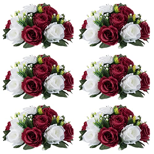 NUPTIO Flower Wedding Centrepieces for Tables - 6 Pcs 9.5in Diameter Burgundy & White Artificial Flowers Rose Ball for Centerpieces Table - Fake Rose Arrangements for Weddings Birthday Party Decor - color: Burgundy & White, size: 6 Pcs