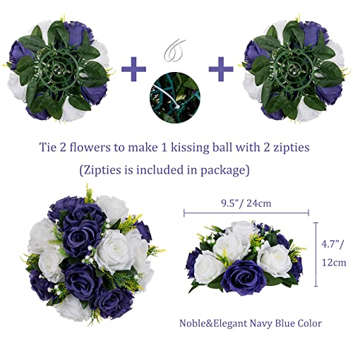 BLOSMON Navy Blue Flowers for Centerpieces: 10 Pcs Artificial Roses Flower Balls for Wedding Table - Fake Silk Kissing Bouquet Floral Arrangement for Home Party Event Decoration - color: Navy Blue & White