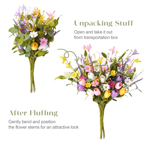 12 Pack Spring Decorations for Home, 4 Colors Flowers Artificial for Decor, 17 Inch Flores Artificiales para Decoracion with Tulips, Daisy and Forsythia for Spring Summer Decor - color: Spring, size: 12 Pcs
