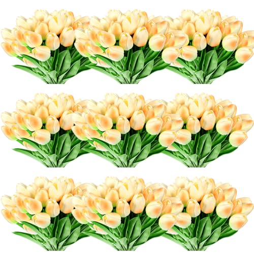 Jexine 100 Pcs Artificial Real Tulips Fake Artificial Tulip Flower Bulk Bouquet with Stem for Table Centerpieces Wedding Bridal Easter Mother's Day Garden Home Decor, 13.4''(Light Champagne) - color: Light Champagne