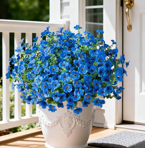 Artificial Outdoor Flowers 16 Bundles UV Resistant Fake Mums Flowers Plants for Decoration Indoor Outdoor Window Box Hanging Planter Home Porch Decor Plastic Faux Flowers (Blue) - color: Blue