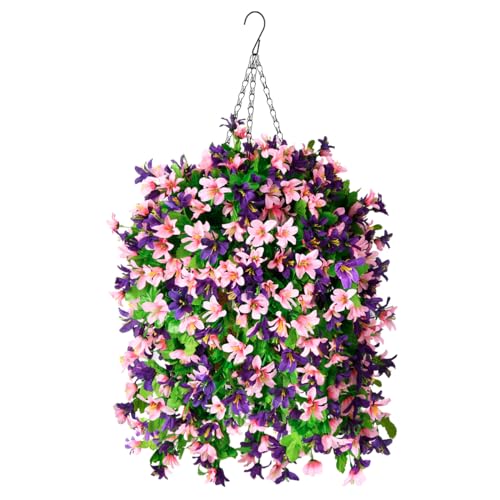 INQCMY Artificial Hanging Flowers in Basket for Outdoor Spring Summer Decoration,4pcs Faux Silk Violet in Planter UV Resistant for Outside Home Patio Garden Porch Deck Decor(Pink Purple) - color: Pink Purple