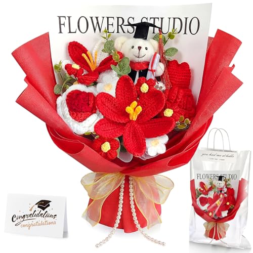 Giegxin Large Graduation Bear Flower Bouquet Set 2026 Crochet Graduation Bouquet Gift Hand Knitted Tulip Daisy Sunflower Rose Bouquets Greeting Card Gift Bag for Wedding Birthday Party Favors(Red) - color: Red