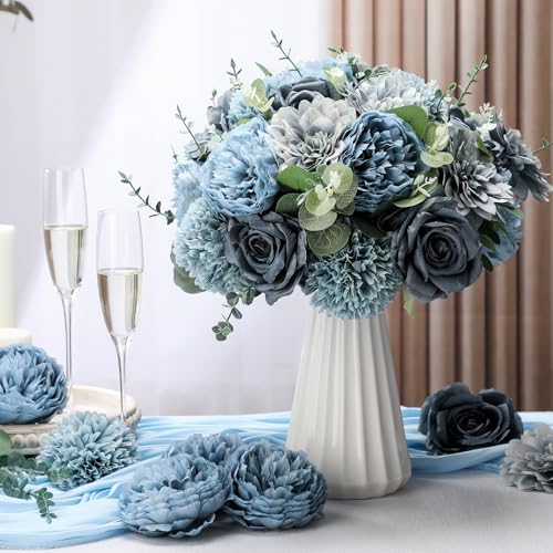 Suncalla 98 Pcs Artificial Flowers Bouquet Assorted Faux Flowers Heads with Stem Eucalyptus Leaves Silk Floral Table Centerpiece for DIY Wedding Party Wreath Home Decor(Dusty Blue) - color: Dusty Blue