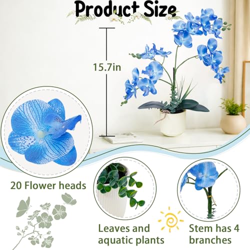 ucky Blue 15.7" 3D Lifelike Artificial Orchid Plant with 20 Heads, Realistic Faux Phalaenopsis in Ceramic Pot for Home Decor, Elegant Fake Flower Arrangement Table Centerpiece - color: Blue