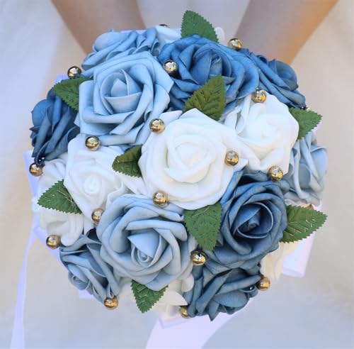 Handmade Wedding Bouquet Artificial PE Rose Bridal Bridesmaid Bouquet with Soft Ribbons Wedding Hand Holding Bouquet Artificial Fake Flowers Toss Bouquet(B-Light Blue & Blue & White, 6.7"/17cm) - color: B-light Blue & Blue & White, size: 6.7"/17cm