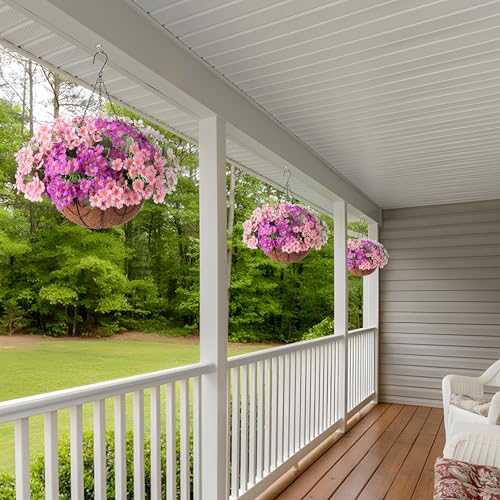 Artificial Fake Hanging Plants Flowers Basket for Spring Outdoor Decoration, Faux Silk Daisy UV Resistant Look Real with Eucalyptus Leaves Summer Decor for Patio Garden Outside(Pink White Purple ) - color: Pink White Purpl