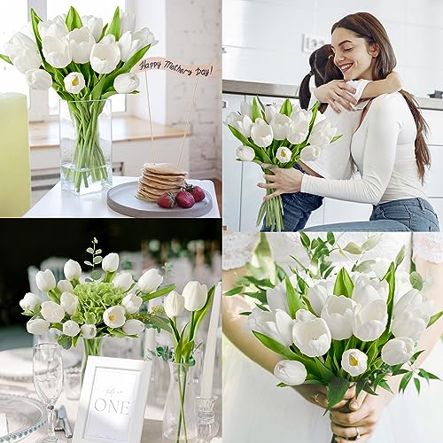 ZYTUYO 20 PCS Fake Tulips White Artificial Flowers 13" Real Touch Tulips Mix Tulip Bulbs Wedding Bouquet for Xmas Home Spring Flower Decor New Year Easter