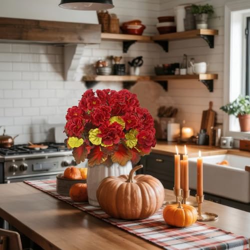 CISDUEO 2 Pcs Fall Flowers Artificial for Decoration Fake Geraniums Red Faux Mums for Outdoor Planters Realistic Faux Fall Flowers Plants for Front Door Porch Autumn Garden Patio Balcony Yard Indoor - color: Fall - Red