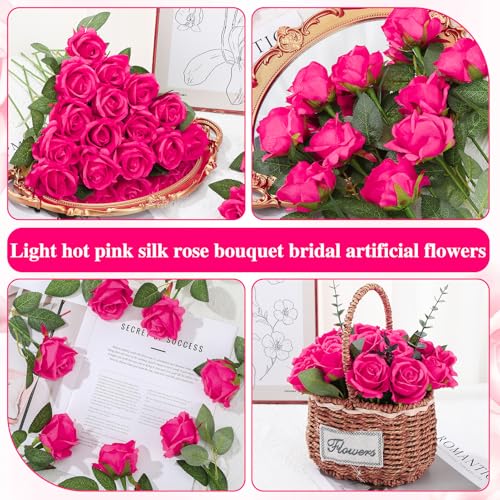 150 Pcs Roses Artificial Flowers,Silk Light Hot Pink Artificial Flowers Fuchsia Petals Long Stem Roses for Wedding Bouquet Home Party Decor - color: Light Hot Pink