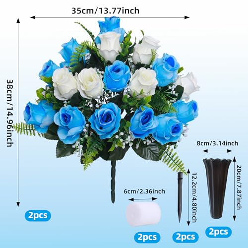 Lodou Set of 2 Artificial Cemetery Flowers, Memorial Flowers Bouquet,Grave Memorial Flowers with Vase for Cemetery Headstones Decoration (Blue White) - color: Blue White