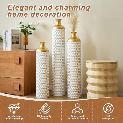 Tall Floor Vases Set of 3 for Decor Living Room Floor, White Vases Home Decor, Embossed Body Pattern, 33.4" H/28.74" H/24.4" H Geometric Cylinder (White 7) - color: White 7