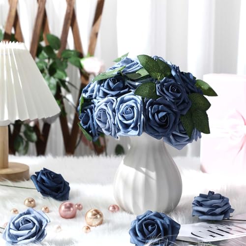 50 Pcs Artificial Foam Rose Flower Faux Bouquet Wedding Fake Rose Gift for Mother's Day Women DIY Bridal Shower Party Table Birthday Home Spring Decor (Dusty Blue Shades) - color: Dusty Blue
