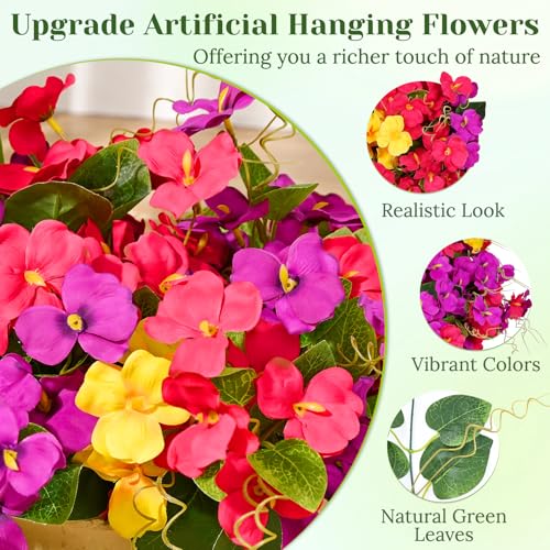 Dolicer Realistic Artificial Hanging Flowers for Outdoors, Look Real Large Artificial Flowers for Outdoors with Baskets, UV Resistant Fake Hanging Flowers Plants for Porch Patio Balcony Yard - color: Purple+yellow+fuchsia, size: 1PACK