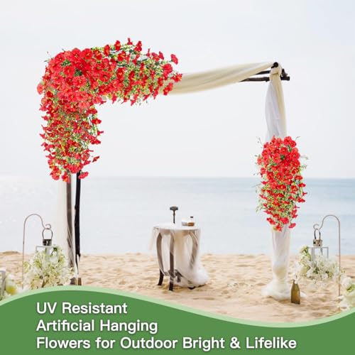 Artificial Flowers for Outdoors Fake Morning Glory Hanging Flower Decoration, 2 Pcs Realistic Faux Plants Petunias Trailing Vines, Spring Summer Decor for Porch Patio Balcony Planter Yard(Red) - color: Red, size: 2 Pcs