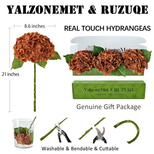 YalzoneMet 3 Pcs Orange Brown Hydrangea Artificial Flowers 21‘’ Real Touch Latex Hydrangea Fake Flowers for Fall Home Decor Party Kitchen Bedroom Bronze Vintage Flower Table Centerpieces - color: Orange Brown