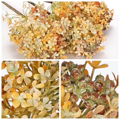 3 Pcs Hydrangea Artificial Flowers Bouquets for Fall Home Decor, 16" Faux Hydrangea Stems with Flower Seeds for Autumn Floral Arrangements Centerpiece & Wedding, Silk Fake Cone Blooms in Orange Yellow - color: Orange Yellow