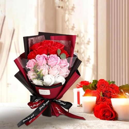 Roses Bouquet Artificial Flower - Preserved Red Rose Flowers with Love Necklace for Her Unique Gift for Birthday, Valentine's Day, Mother's Day, Thanksgiving, Christmas, Anniversary (Pink and Red) - color: Pink and Red