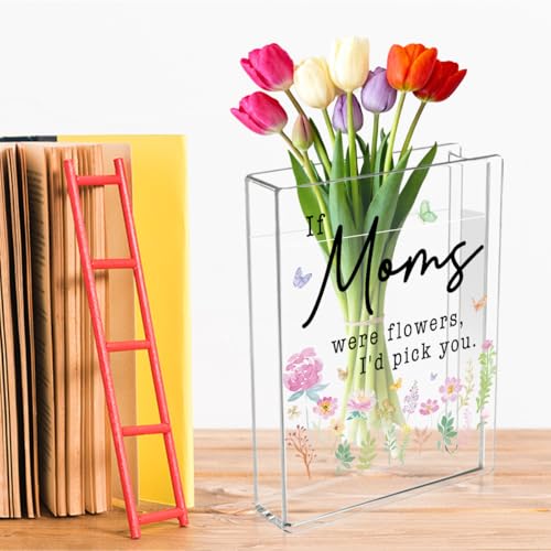 Moms Book Flower Vase Mothers Day Birthday Thank You Gifts for Mom Mother from Daughter Son If Moms were Flowers I'd Pick You Cute Acrylic Book Shaped Vase Decor for Home Office Table Shelf Vase 3801 - style: Antique