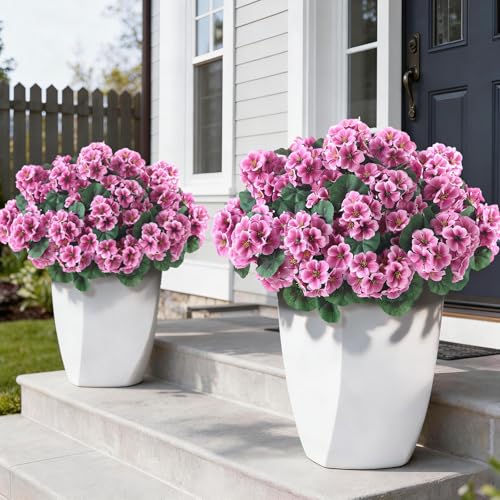 GLIDLION 12 Bundles Artificial Geranium Flowers for Spring Summer Decor, UV-Resistant Fake Plants Realistic Faux Silk Bouquets for Front Door Farmhouse Garden Porch Home Outdoor Decor (Pink) - color: Pink