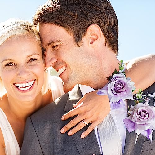 Wrist Corsage and Boutonniere Set for Bride Groom Bridesmaids Groomsmen Wedding Homecoming Flowers Prom Suit Accessories, Rose Boutonniere and Corsage Wristlet Flower - color: Big-purple