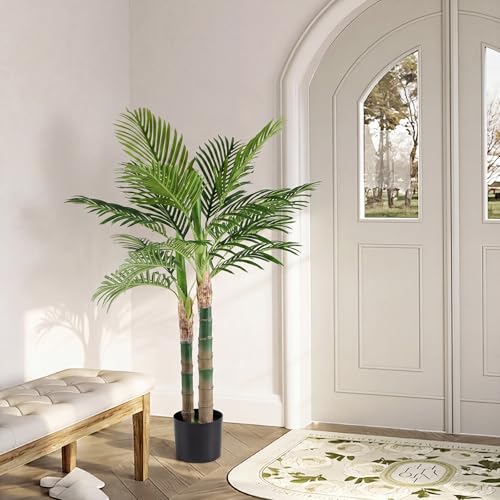 NEWBULIG 47in Artificial Palm Tree, Double Stalk Golden Cane Palm with Lush Realistic Leaves, Large Faux Plant for Living Room, Maintenance Free Home Decor