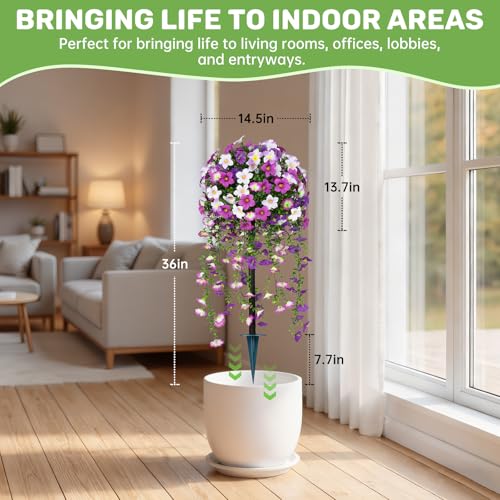 Grooy Artificial Plants Flowers Topiary Ball for Outdoor, 2 Pack Fake Purple Silk Morning Glory Plant Bushes, UV Resistant Realistic Plants Shurbs for Outside,Front Porch,Patio,Yard - color: Purple Morning Glory