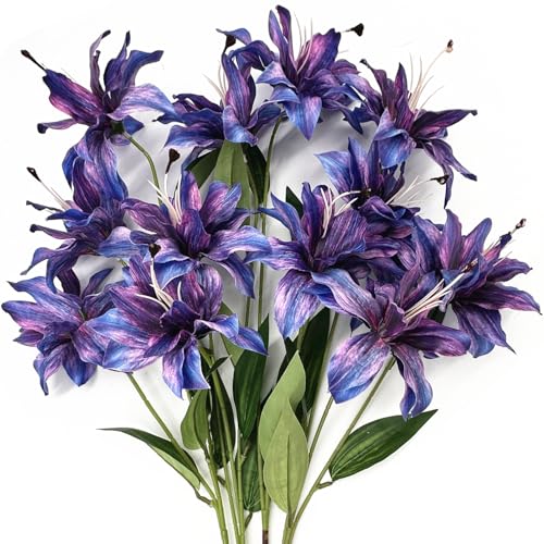 Artificial Lily Flowers, Fake Silk Flower Long Stem Artificial Stargazer Lilies with Full Bloom Faux Tiger Bouquets for Home Decor Wedding Party Hotel Floral Arrangement DIY Decoration – Purple 4 Pack - color: Lily Flowers - Purple 4 Pcs