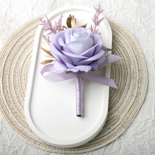 Boutonniere for Men Artificial Flowers 1 Piece Wedding Prom Homecoming Corsage Anniversary Party Decoration (1, Purple) - color: Purple