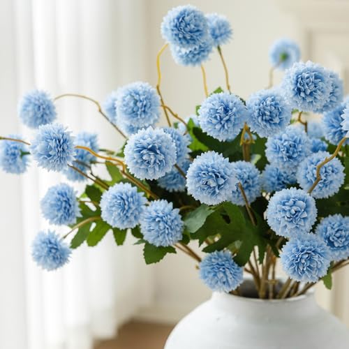 mizii 6Pcs Blue Fake Silk Pompon Mum Artificial Flowers Bulk Small Faux Chrysanthemums with Stems Realistic Floral Decorations for Wedding DIY Bouquet Centerpieces Shower Vase Home Decor (Light Blue) - color: Light Blue