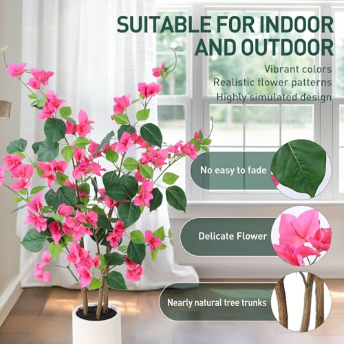 YEPDIN 39.4 inch Artificial Bougainvillea Tree，Faux Flowers Plants with White Decorative Planter,Fake Tree for Living Room,Porch, Garden, Indoors & Outdoors,M100