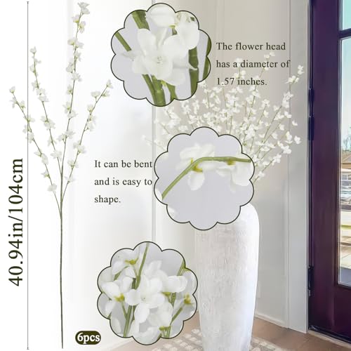 6 Pcs Artificial Forsythia Branches Fake Wildflowers White 41" Silk Flowers with Long Stems Faux Spring Flowers for Tall Vase Indoor Home Decor Dining Table Centerpieces Party Wedding Outdoor - color: White