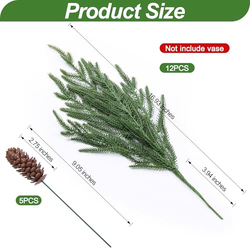 florisso Artificial Christmas Norfolk Pine Stems Branches for Vases,12 Bundles Faux Pine Branches with 5 PCS Big Fake Pinecones Stems Greenery Evergreen Real Touch for Holiday Winter Table Xmas Decor - color: Big Pine Cones