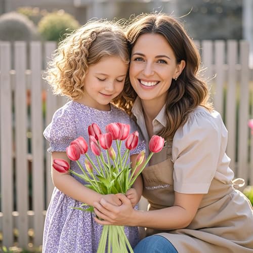15 Pcs Red Tulips Artificial Flowers Faux Tulips Real Touch Latex Fake Flower Bouquet for Spring Wedding Home Décor Centerpiece Arrangements - color: Red