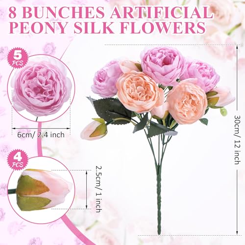 Yunsailing 8 Pack Artificial Peony Flowers Faux Silk Hydrangea Bouquet Wedding Home Table Decor Reusable Bouquet of Rose Flower for Birthday Wedding(Peach Pink Purple) - color: Peach Pink Purple, style: Peony