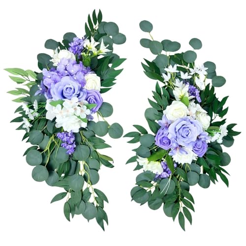 Artificial Wedding Arch Flowers (Pack of 2), White Wedding Flowers for Wedding Welcome Ceremony Sign Faux Floral Swags, Banquet and Reception Backdrop Floral Decoration (White & Purple) - color: White & Purple